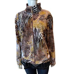 KAKTUS Women's Animal Print Velour Zip Up Lightweight Jacket Brown Size Medium
